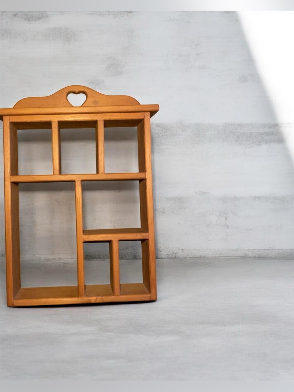 Vintage Wooden Heart Cubby Wall Shelf Curio Display 8 Compartment Country